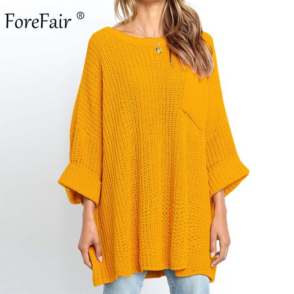 

forefair solid knitted oversize sweaters women autumn winter o neck casual loose pockets flare sleeve plus size jumper female, White;black