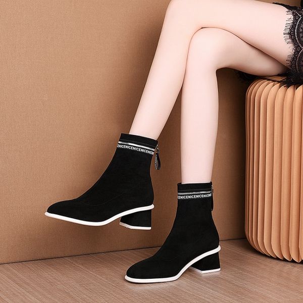 

mljuese 2020 women ankle boots stretch fabric winter short plush letters square toe high heels boots women size 41, Black