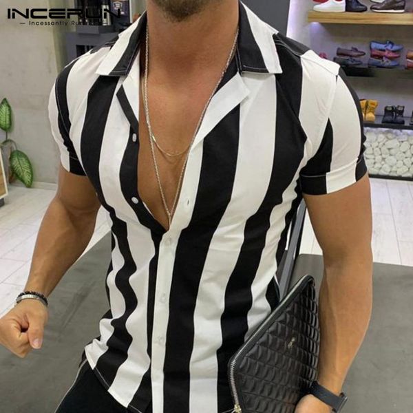 

incerun 2020 fashion men shirt multicolor striped short sleeve slim button stylish streetwear party men shirts plus size, White;black