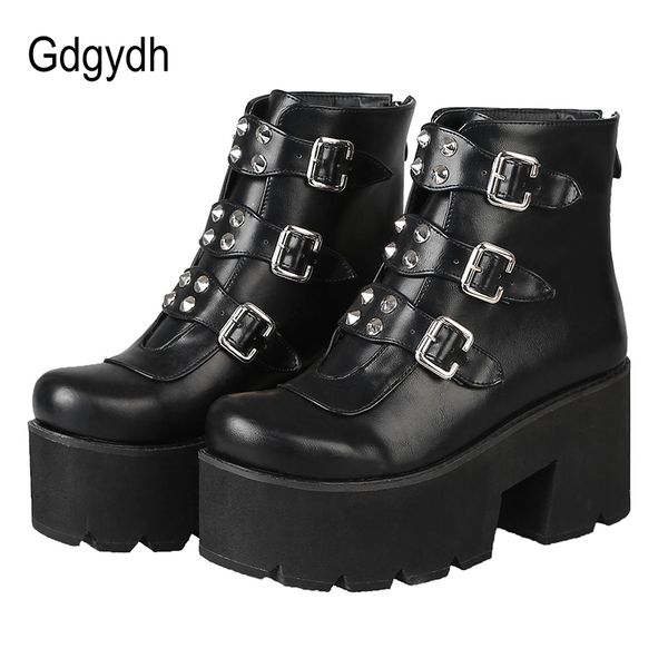 

gdgydh rivet womens ankle boots platform shoes high heels chunky heel gothic black leather boots lady drop ship big size 46