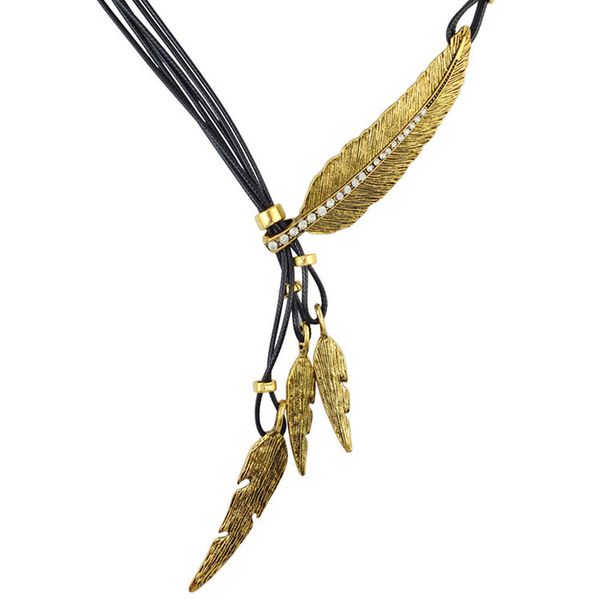 

2016 bohemia style necklace black rope feather rhinestone pendants leather choker vintage woman jewelry choker, Golden;silver