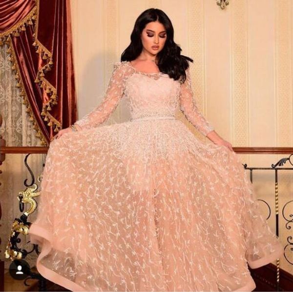 

evening dress yousef aljasmi vintage dresses scoop neck a line ankle length long sleeve sheer leaves shaped drill slice sequins, Black;pink