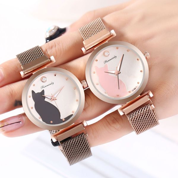 

2020 new fashion starry sky women watches magnetic mesh belt band watch magnet buckle cartoon cat dial wristwatch, Slivery;brown