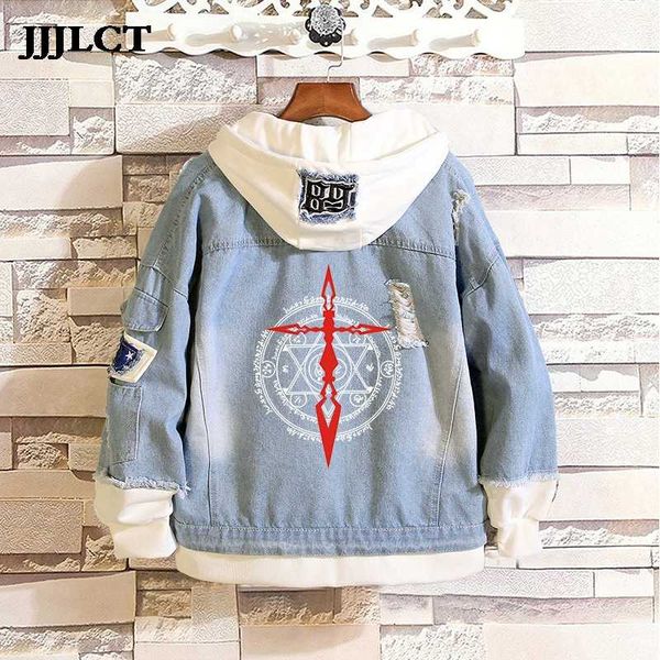 

hoodies costume men women denim coat fake two pieces sweatshirt print single breasted fate stay night cosplay casual full loose, Black