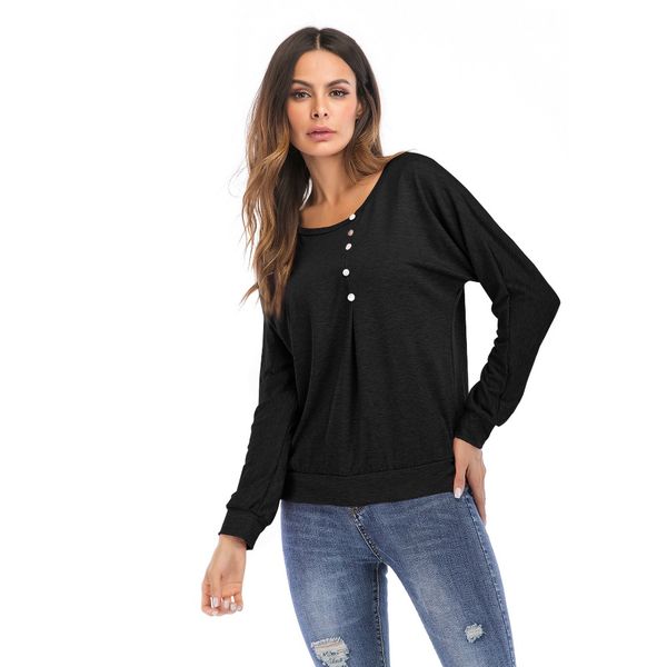 

autumn new style europe and america button decoration solid color sleeve long sleeve women tees, White