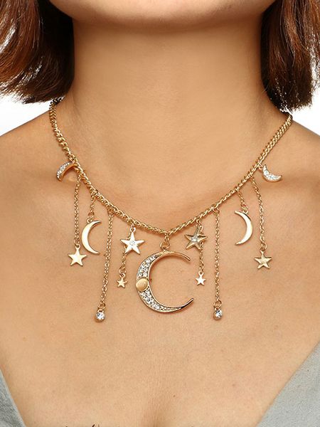 

2019 fashion alloy rhinestone moon alloy star moon tassel pendant chain long single layer gold necklace collares de moda, Golden;silver