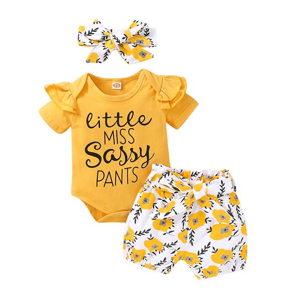

clothing sets 0-18m baby girls 3pcs set short sleeve ruffle romper bodysuit+sunflower pants headband born clothes, White