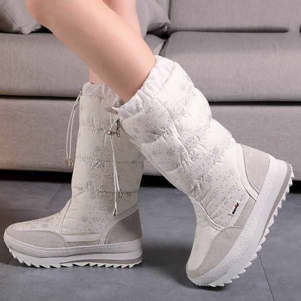 

women's boots mid-calf snow snowflake print sewing drawstring boots shoes woman anti-skid waterproof warm botas mujer, Black
