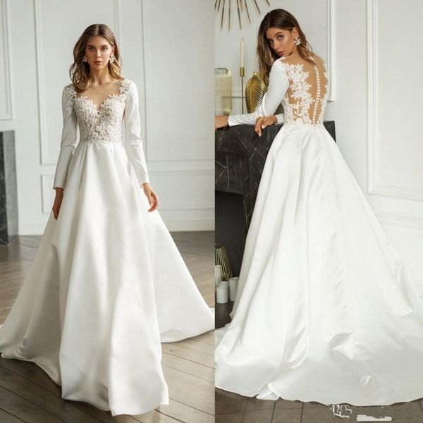 

2020 new white satin long sleeve a line empire waist wedding dresses bridal gowns muslim gothic wedding gowns