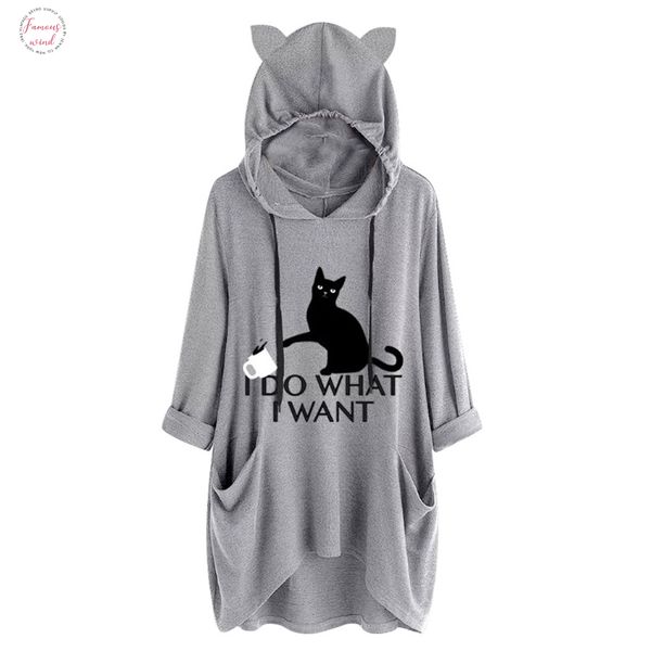 

2019 женщин повседневной толстовки печати cat ear с капюшоном рукав roll up sleeve карманы нерегулярной топ блузка рубашки женской негабарит, Black