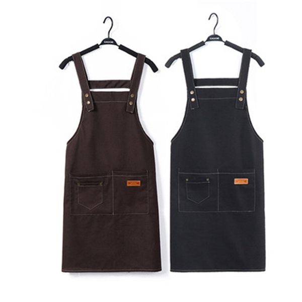 

simple adjustable suspender with pockets canvas apron outsides bbq kitchen restaurant cleaning apron for women men cooking