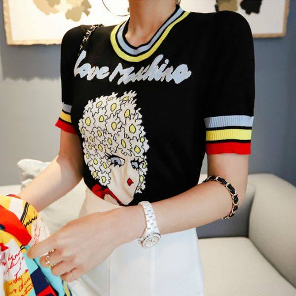 

girl pattern short sleeve knitting cloth women black casual sweater, White;black