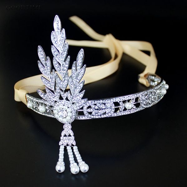 

trendy crystal pearls tassels tiaras silver hair headbands vintage headpiece diadem wedding hair accessories bridal jewelry gift, Golden;white