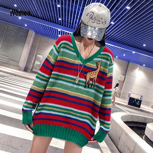 

new stripe v-neck knit sweater women autumn and winter 2019 casual fawn embroidery loose pullover rainbow sweater, White;black