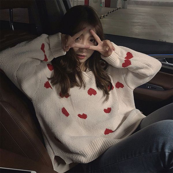 

autumn heart embroidery women sweaters 2019 new net red loose sweater sweet small fresh women sweaters thick for female, White;black