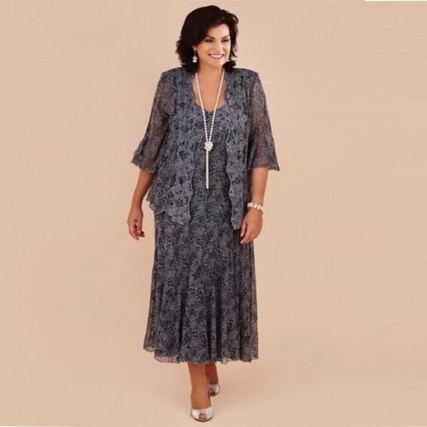 

2019 plus size lace tea length mother of the bride dresses with jacket wedding evening party dress formal, Black;red