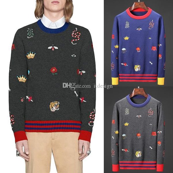 

мульти вышивки шерстяной свитер мужчины осень зима теплый трикотаж круглый вырез длинные рукава мода вязать пуловер мужской, White;black