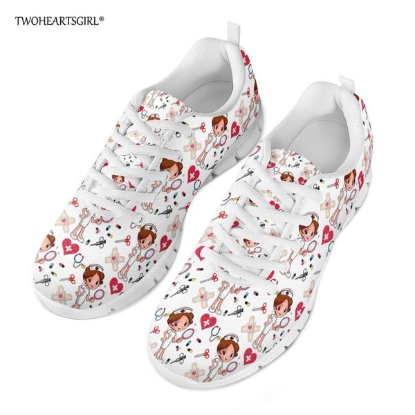 

twoheartsgirl women nursing shoes girls flats breathable cartoon nurse printing female mesh shoes light weight sneakers, Black