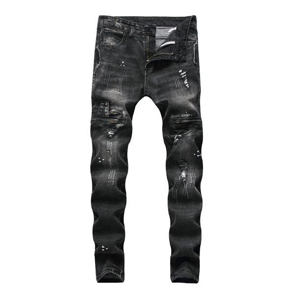 

straight jeans men 2018 hand-painted denim trousers zippers jeans homme, Blue