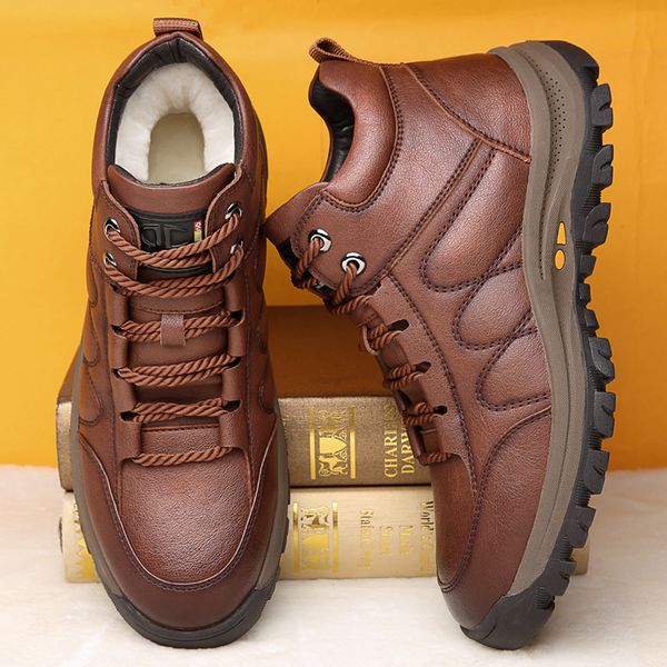 

misalwa men warm snow boots soft bottom wool winter short boots outside casual leather handmade sneakers daddy shoes, Black