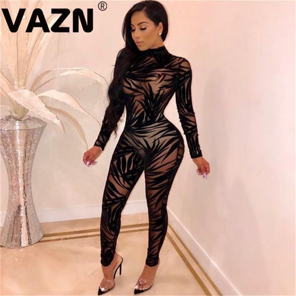 

vazn sexy style 2020 молодые женщины весна черный тощий длинный комбинезон полный рукав водолазка молния пружинистый сексуальный клубный ком, Black;white