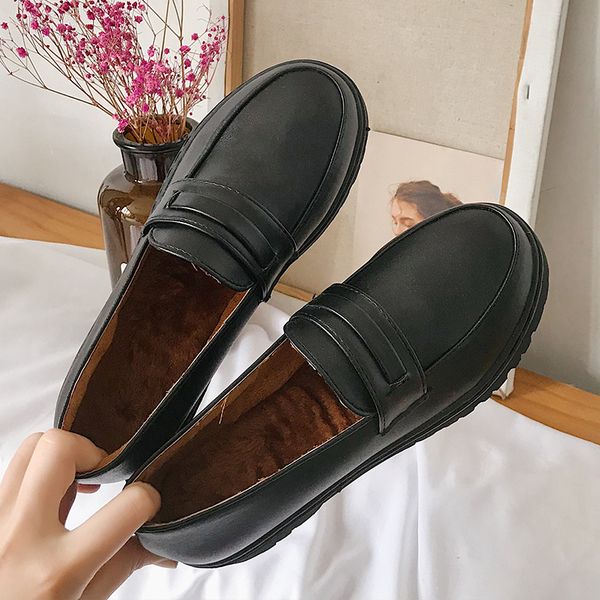 

women oxford shoes casual female sneakers round toe flats platform shallow mouth soft loafers woman slip-on leather nurse, Black
