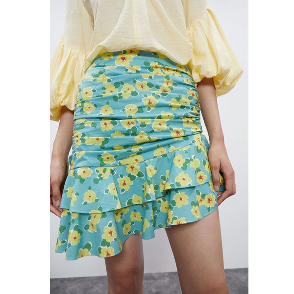 

super chic fashion floral print pleats ruffles asymmetrical trumpet skirt faldas mujer ladies back zipper vestidos chic skirts, Black