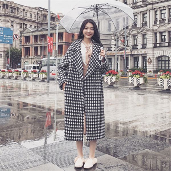 

ewq] 2019 autumn new thick warm outerwear korea winter coat women turn-down collar full sleeve plaid cardigan woolen coat ql301, Black