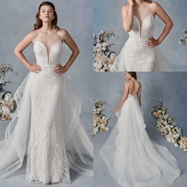 

mermaid kenneth winston wedding dresses detachable jewel neck sleeveless tulle lace applique ruched wedding gown sweep train robe de mariÃ©e, White