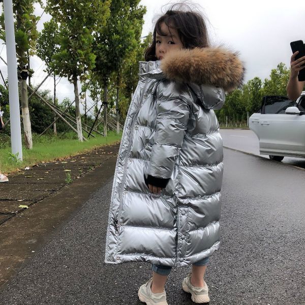 

girls down overcoat baby outdoor warm clothing silvery coats windproof children winter jackets kid winter outerwear -30 degrees, Blue;gray