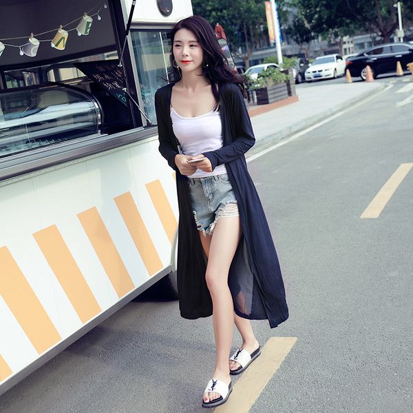 

female chiffon beach sunscreen cape solid color long sleeve cardigan women fashion loose coat women v neck clothes, Black