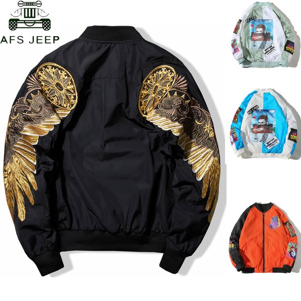

spring bird wings embroidery baseball jacket stand collar plus size 3xl bomber coat chaquetas hombre dropshipping, Black;brown