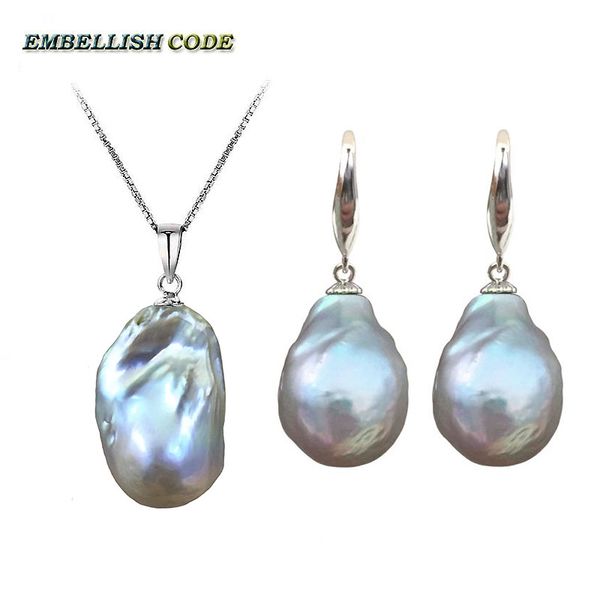 

simple baroque pearl pandent necklace hook dangle earrings set nucleated fire ball shape gray grey color box chain 16'' 18'&#, Black