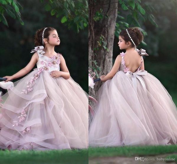

lovely 2019 flower girls dresses jewel neck hand made flowers beaded open back long birthday toddler girl pageant gowns kid dress, White;blue