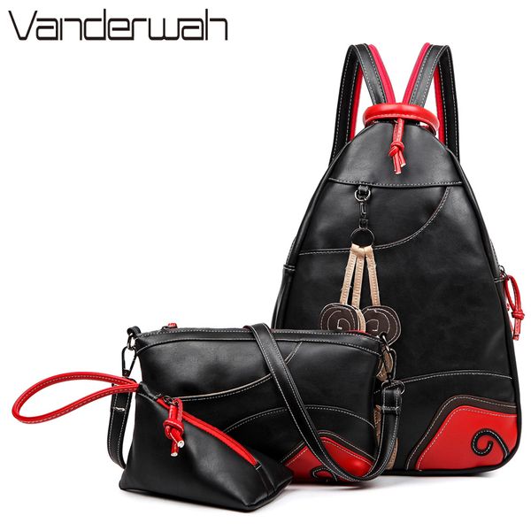 

2017 fashion vintage leaf shoulder bag backpack three sets multifunction chest women leather backpacks designers mochila