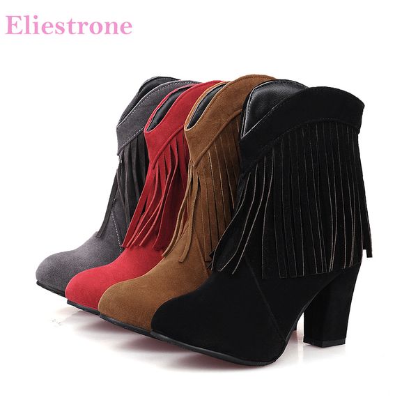 

new sales fashion black red women ankle boots comfortable lady fringe riding shoes high heels sh32 plus big size 32 43 47