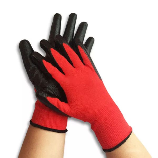 Guanto in nylon per protezione del lavoro da giardino 1 paio di guanti da lavoro rivestiti in nitrile antiscivolo resistenti all'usura - rosso