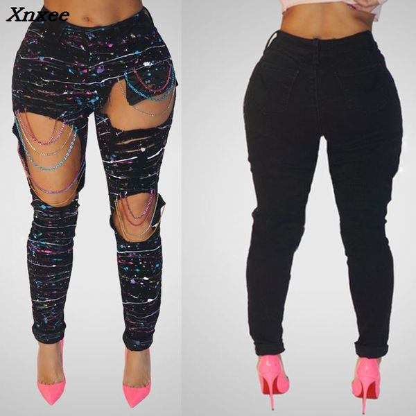 

New Sexy Jeans with Holes Color Paint Color Chains Ripped Jeans Woman Holes Denim Pants Beggar Pants for Women Plus Size