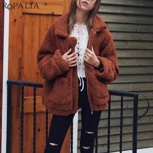 

new fashion warm zipper pockets blends women turn-down collar coat long sleeve oversized loose lambswool outwear coats, Black