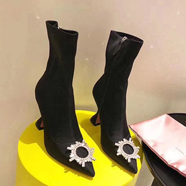 

glitter women shoots cup high heels party shoes woman crystal pointy toe ankle boots black silk winter short boots woman