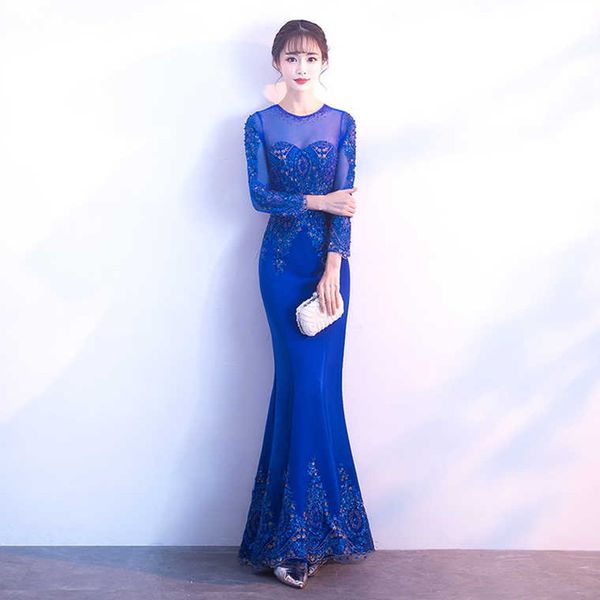 

long sleeves mermaid evening dresses 2020 floor length prom gown with lace sequins royal blue silver, Black;red