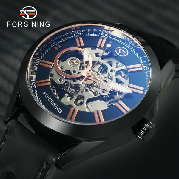 

forsining 2019 classic business auto mechanical mens watches leather strap skeleton unique design wrist watch, Slivery;brown