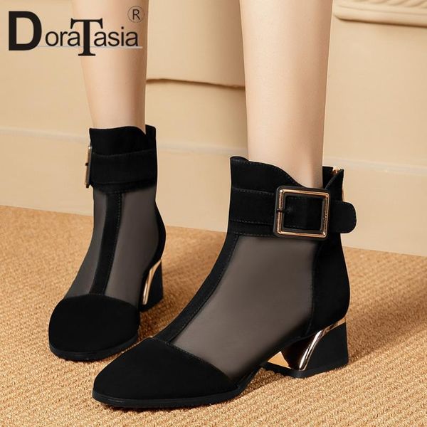 

doratasia fashion lady genuine leather summer boots office med heels boots women buckle metal ankle shoes woman, Black