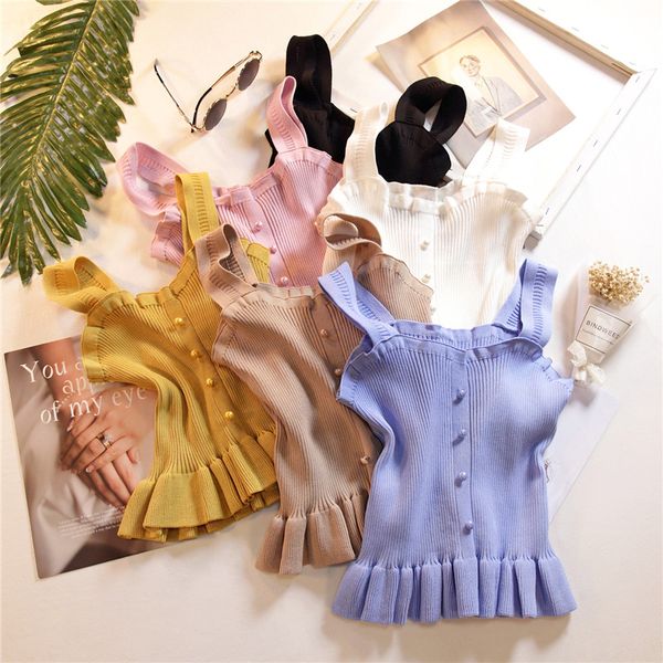 

women knitting ruffles buttons cropped tanks girls knitted sweet chic tee shirts camis crop for female 2019, White