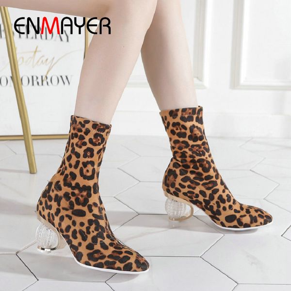 

enmayer 2020 zip basic round heels leopard print winter boots women round toe flock ankle boots for women size 34-43, Black