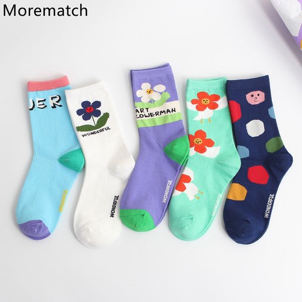 

morematch korea funky harajuku trend women socks girl kawaii flower printing cartoon wind socks middle tube size 5.5-9.5, Black;white