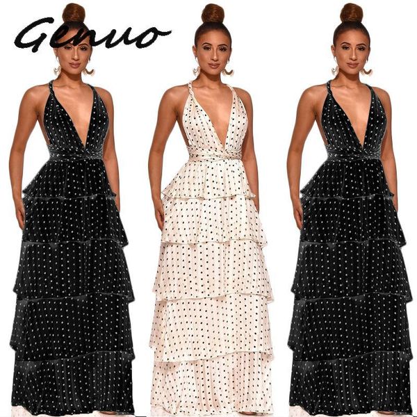 

genuo 2019 новые женщины спагетти ремень v-образным вырезом dot печать каскадные оборки платья макси big качели long party открыть назад пла, Black;pink
