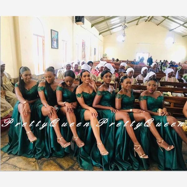 

dark green african women bridesmaid dresses 2020 appliques off shoulder side split vestidos a line long wedding party dress, White;pink