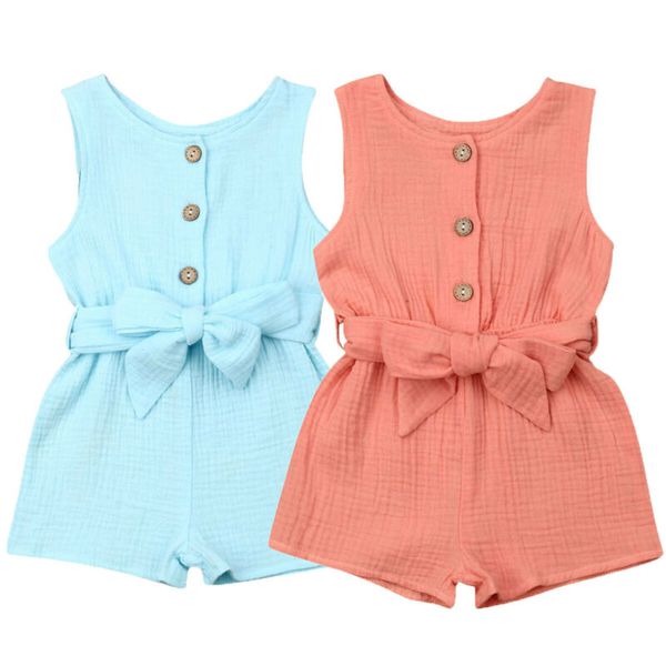 

summer casual toddler infant baby girls sleeveless rompers fashion sleeveless solid kids beach outfit jumpsuit clothes with belt, Blue