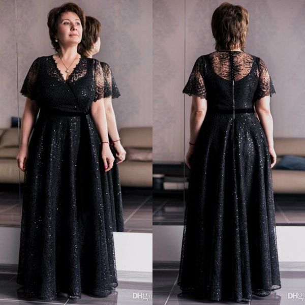 

elegant lace mother of the bride dresses plus size short sleeves sequined floor length prom party gowns with beads wedding guest dress, Black;red